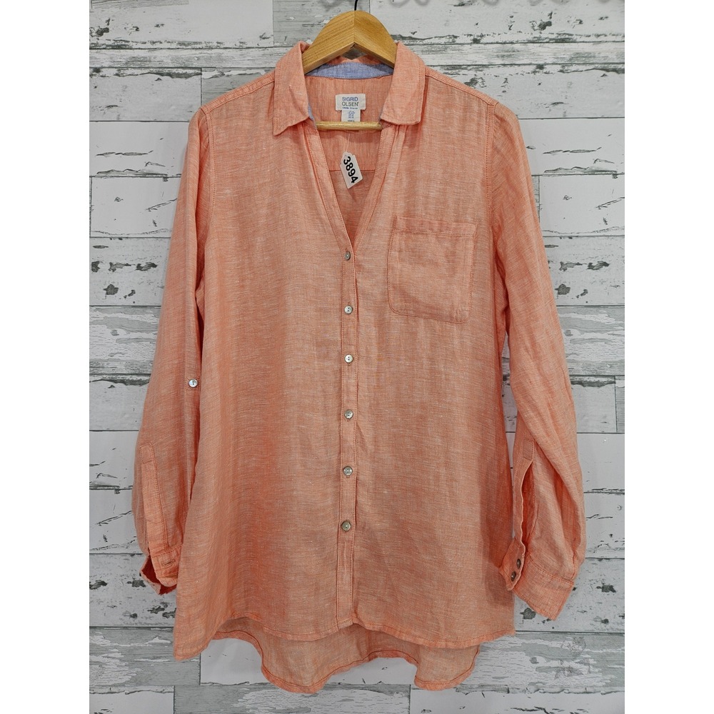 Sigrid Olsen Womens Medium Coral Orange 100% Linen Roll Tab Sleeve Tunic Shirt